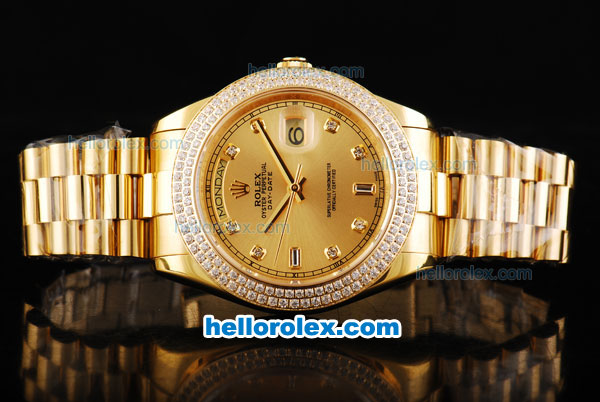 Rolex Day-Date II Automatic Movement Full Gold with Double Row Diamond Bezel-Gold Dial and Diamond Markers - Click Image to Close